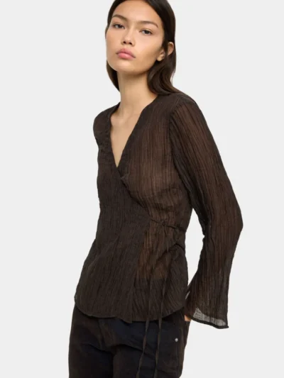 Crinkled Wrap V-Neck Blouse – Brown