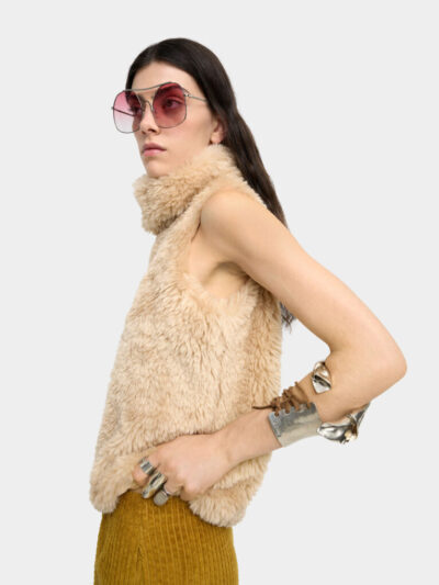 Faux-Fur High-Collar Vest – Ecru