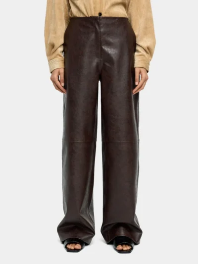 Crackle Faux Leather Straight Trousers – Brown
