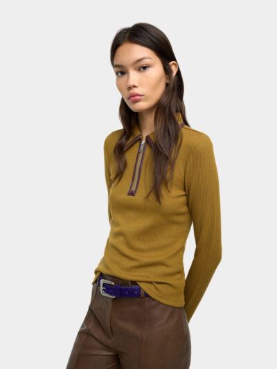 Ribbed Polo Collar Zipper Top – Mocha