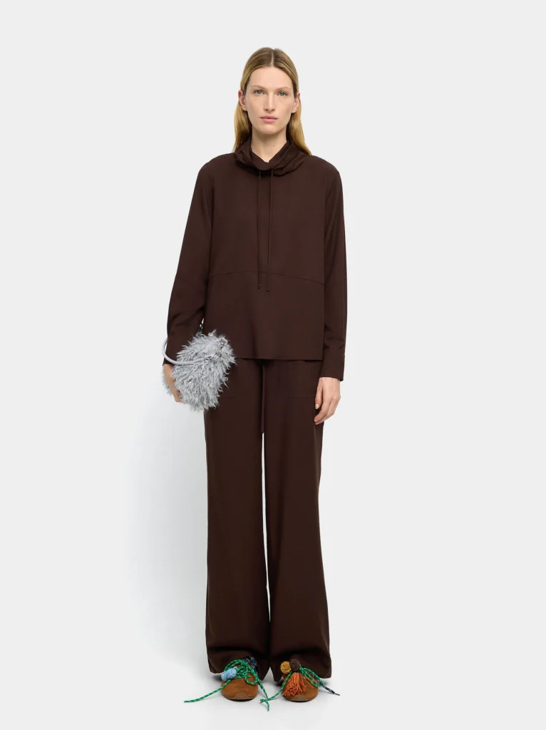 High-Neck Drawstring Sweatshirt-Style Blouse – Brown - Image 3