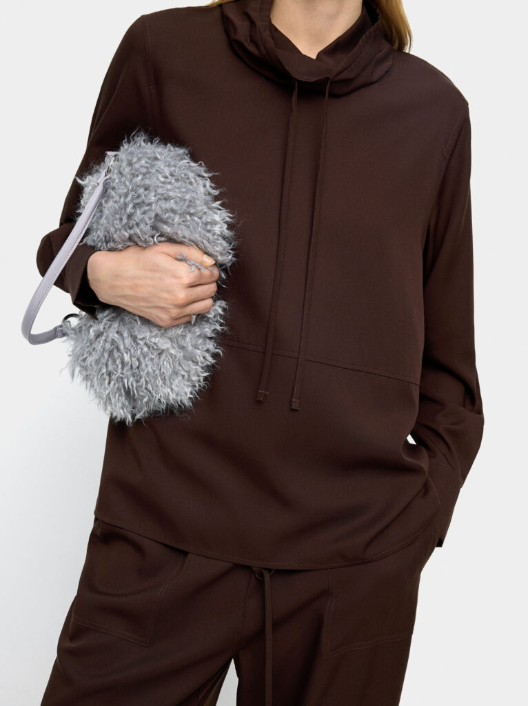 High-Neck Drawstring Sweatshirt-Style Blouse – Brown - Image 2