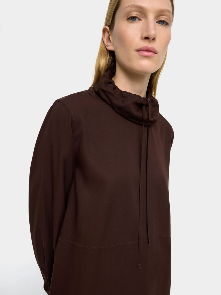 High-Neck Drawstring Sweatshirt-Style Blouse – Brown