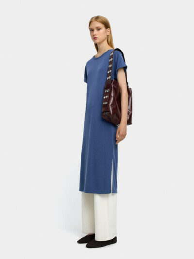 Blue Plain Straight-Cut Midi Dress