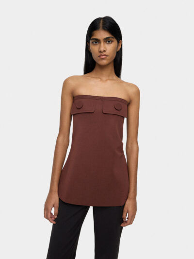 Strapless Lapel-Detail Buttoned Top – Brown