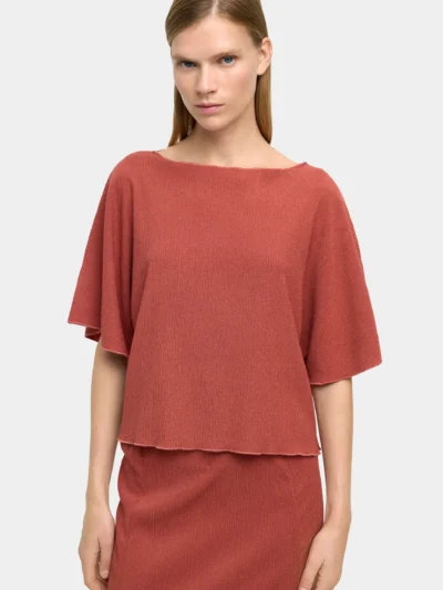 Crinkled Boat-Neck Batwing Blouse – Brown