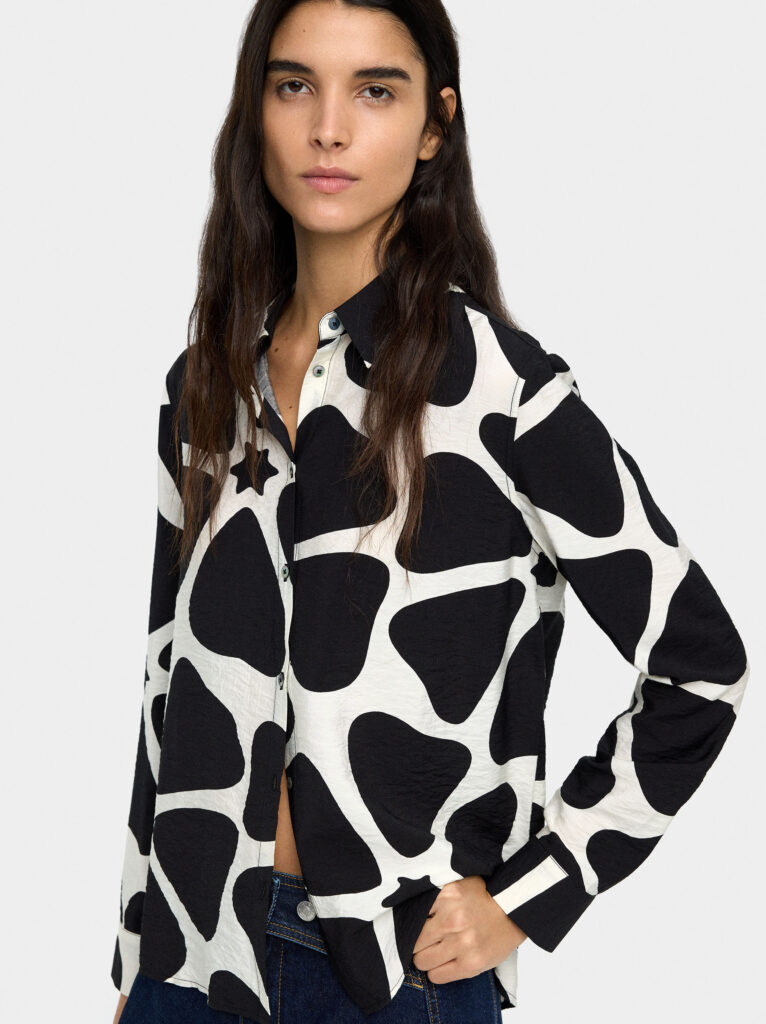 Crinkled Floral Print Shirt – Black/White