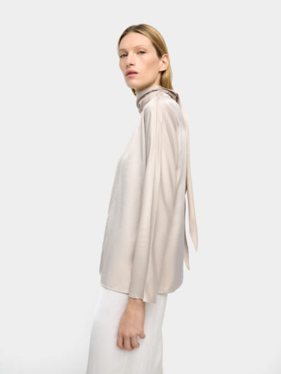 Satin-Finish High-Neck Blouse with Ribbons