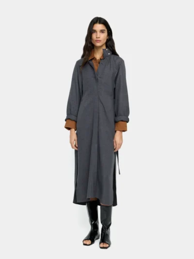 Gray Crinkled High-Collar Midi Dress with Belt