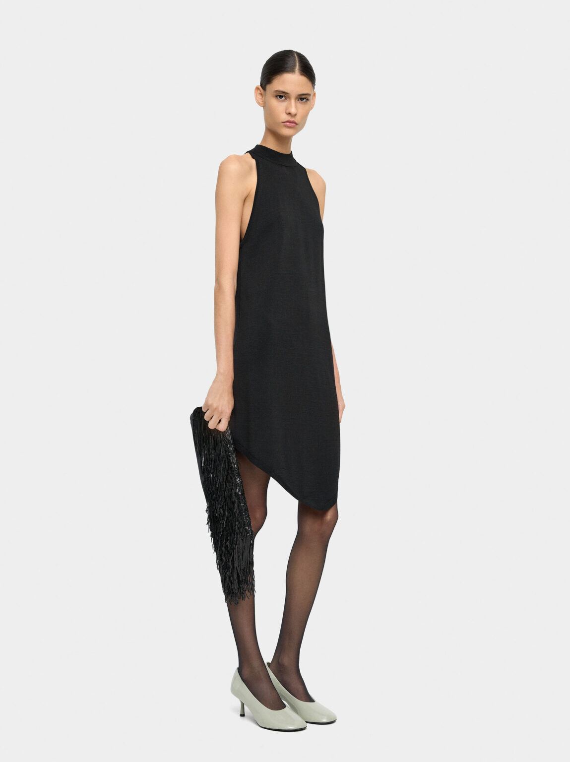 Black Asymmetric Halter Knit Mini Dress