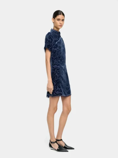 Navy Jacquard Velvet Leaf Mini Dress