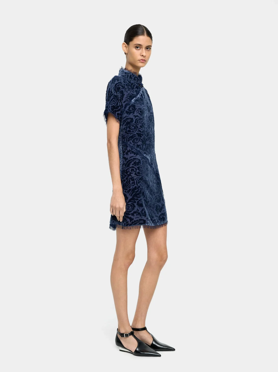 Navy Jacquard Velvet Leaf Mini Dress