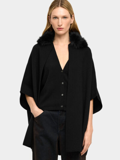 Contrast-Edge High-Neck Poncho – Khaki