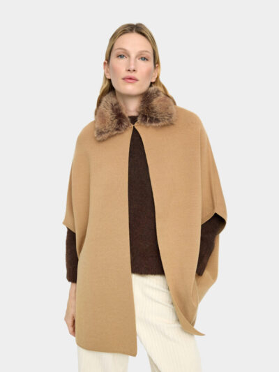 Beige High-Neck Poncho with Buckle