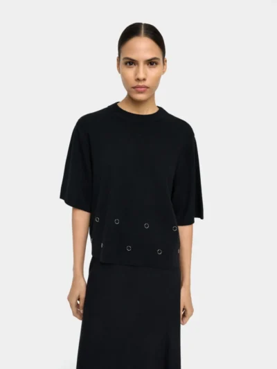 Eyelet Detail Short-Sleeve Knit Sweater – Black