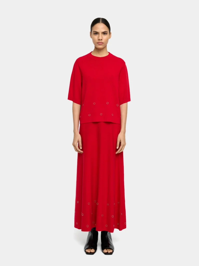 Eyelet Detail Short-Sleeve Knit Sweater – Red - Image 2