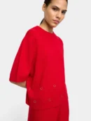Eyelet Detail Short-Sleeve Knit Sweater – Red