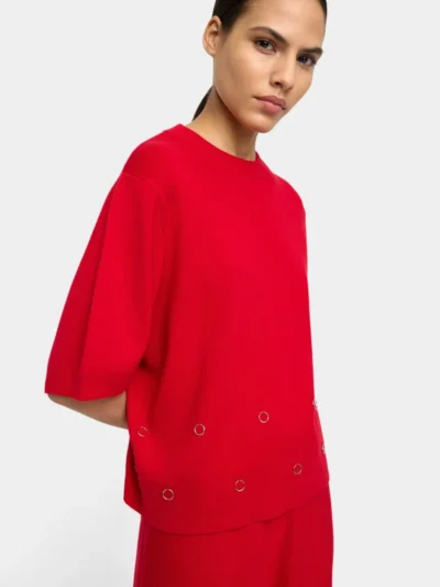 Eyelet Detail Short-Sleeve Knit Sweater – Red