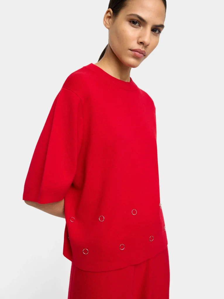 Eyelet Detail Short-Sleeve Knit Sweater – Red
