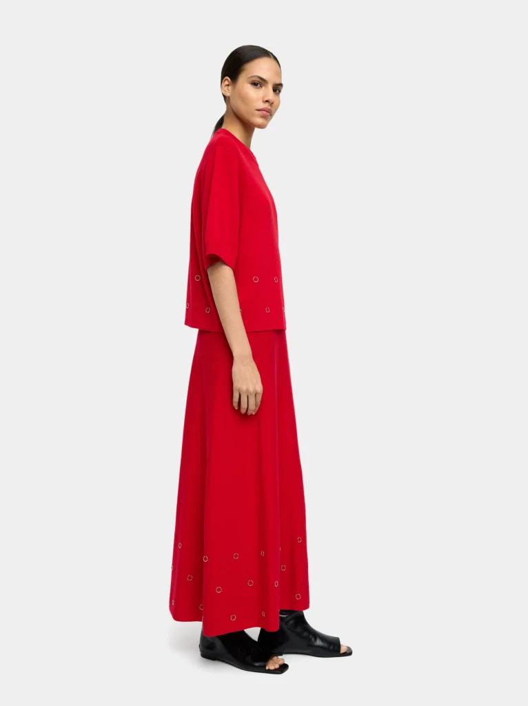 Eyelet Detail Short-Sleeve Knit Sweater – Red - Image 3