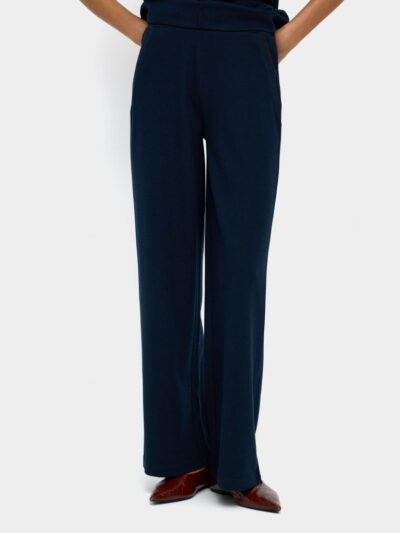 Fluid Straight-Cut Trousers with Ribbed Pockets – Navy