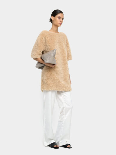 Beige Leather-Effect Sheepskin Mini Dress