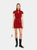 Red Fitted Sequin High-Neck Mini Dress