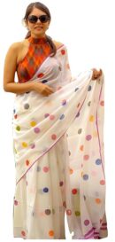 Women's Polka Dot Printed Linen Cotton Saree With Unstitched Blouse Piece