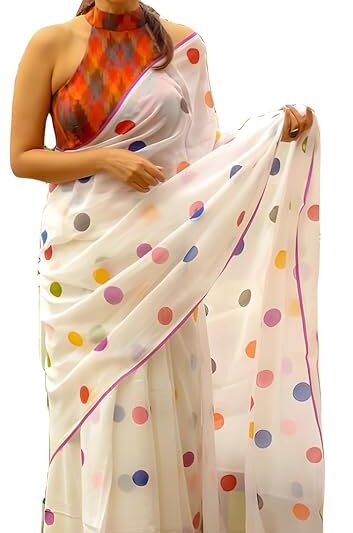 Women's Polka Dot Printed Linen Cotton Saree With Unstitched Blouse Piece