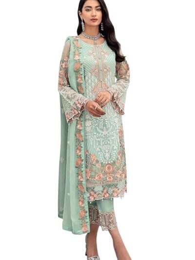 Georgette Semi Stitched Top With Unstitched Santoon Bottom and Nazmin Dupatta Embroidered Straight T