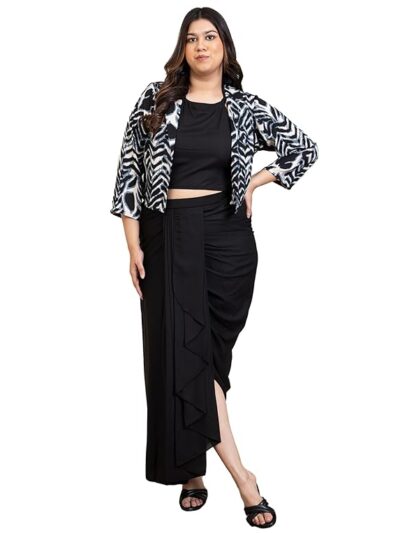 Animal Print Summer Cool Blazer & Solid Dhoti Pants with Crop Top Plus Size Indo Western Set for