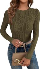 Women's Tops 2025 Cute Long Sleeve Crewneck Blouses Plain Slim Fit Fall Shirts Textured Knit Bas