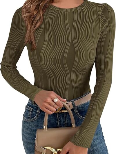 Women's Tops 2025 Cute Long Sleeve Crewneck Blouses Plain Slim Fit Fall Shirts Textured Knit Bas