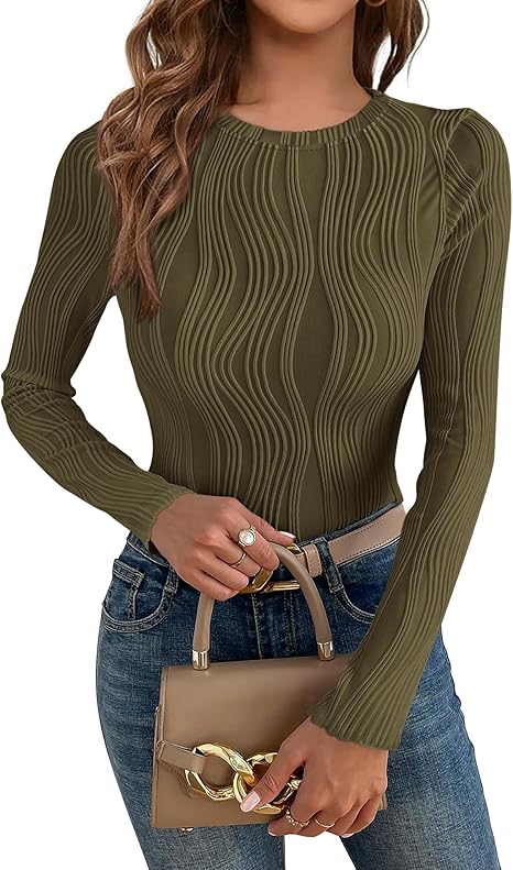 Women's Tops 2025 Cute Long Sleeve Crewneck Blouses Plain Slim Fit Fall Shirts Textured Knit Bas