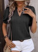 Womens Summer Short Puff Sleeves Blouses Shirts V Neck Cute Solid Knit Textured Casual Regular Fit T