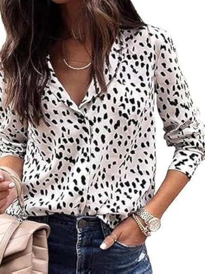 Women Pattern Print Button Down Blouse Top Long Sleeve Work Business Shirt