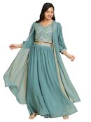 madhuram women'S Georgette Lehenga And Choli With Long Shrug Set For Solid With Heavy Embroidery