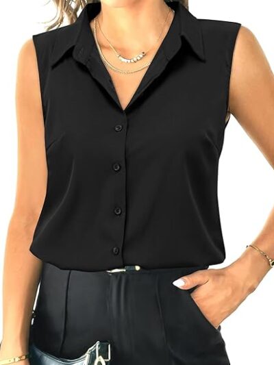 Womens Sleeveless Button Down Shirt Tops V Neck Business Casual Collared Blouses Tank Top