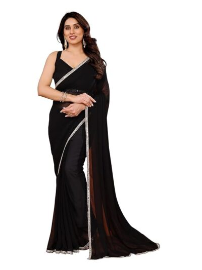 FASHION WITH RF Women's Plain Georgette Sarees For Girls College Farewell & With Mirror Work