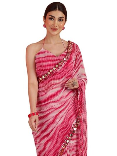 Women's Georgette Printed Mirror Work Border Saree with Unstitched Blouse Piece