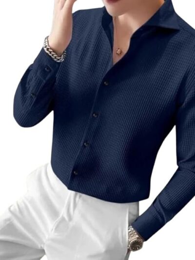Blue Men Casual Shirts Plain Button Down Shirt Long Sleeve Textured Summer Beach Shirt for Men
