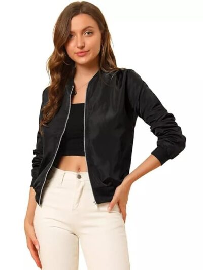 Women's Solid Bomber Jacket – Lightweight Zip-Up Stylish Casual Wear – Full Sleeve Windcheater(Black)