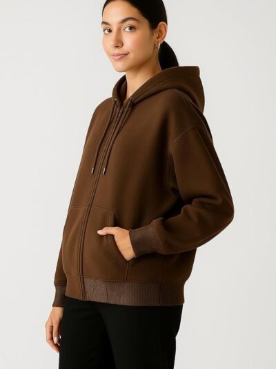 Women's Oversized Winter Jacket Sweatshirts Casual Drawstring Clothes Zip Up Hoodie with Front Pocket(Brown)