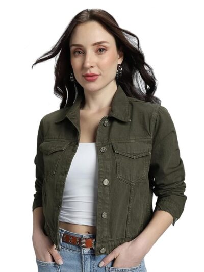 Women's Overdyed Trucker Denim Jacket - Jacket for Women | 100% Cotton | Double Flap Pocket | Regular Fit(Olive Pop)