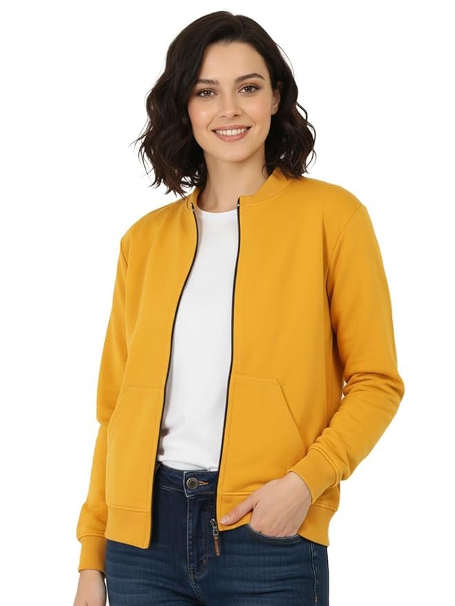 Women's Loop knit Loose Fit Drop Shoulder Bomber Jacket with Zipper Closure and Side Pockets(Mustard)