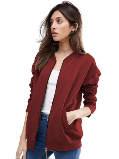 Women's Standard Length Casual Jacket For Loose Fit Drop Shoulder Loop knit  Bomber Jacket With Zipper Closure And Side Pockets( Maroon)
