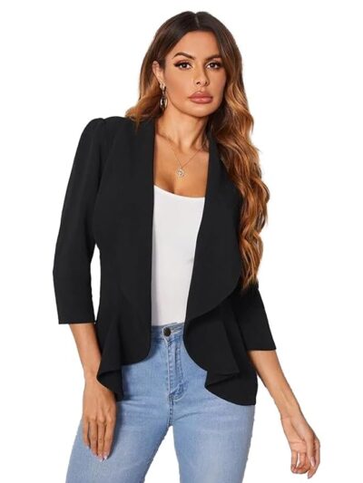 Women's Lightweight Open Front Blazer – Draped Waterfall Longline Blazer Style(Coal Black)