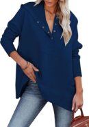 Women Causal Long Sleeve Hoodie Oversied Button Collar V Neck Sweatshirt Trendy Pullover Tops With P
