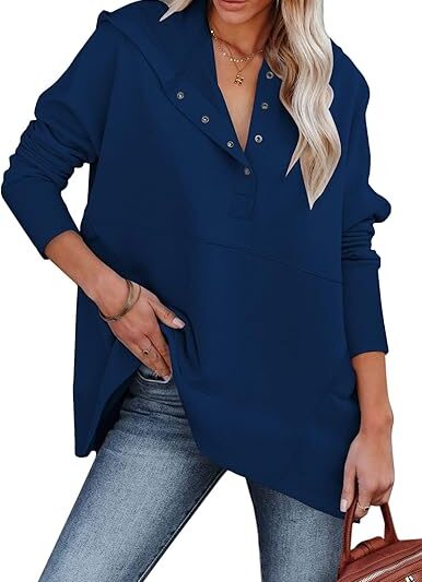 Women Causal Long Sleeve Hoodie Oversied Button Collar V Neck Sweatshirt Trendy Pullover Tops With P