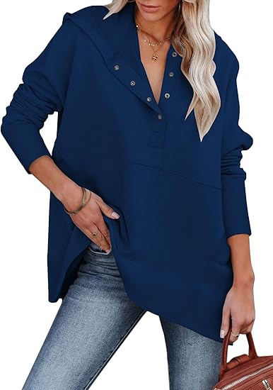Women Causal Long Sleeve Hoodie Oversied Button Collar V Neck Sweatshirt Trendy Pullover Tops With P